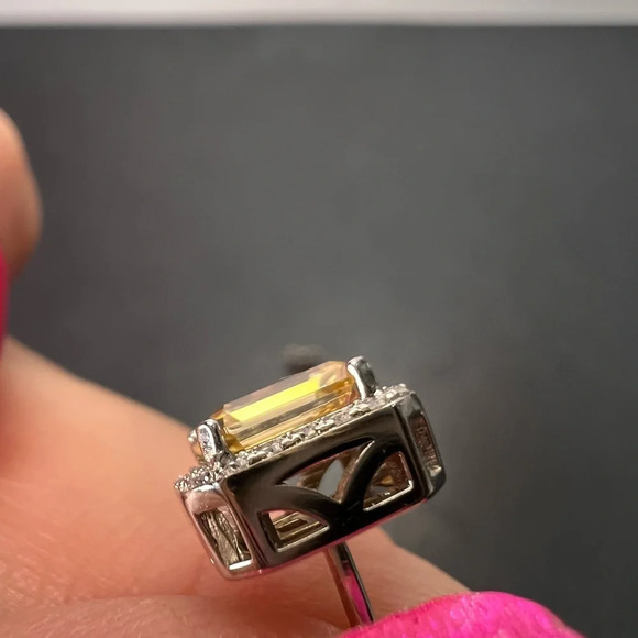 Yellow and white moissanite halo stud earrings in rhodium over sterling silver - Picture 9 of 12